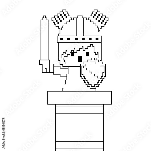 pixel character knight with sword and shield video game vector illustration linear design