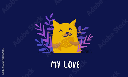 Cute card with funny cat, plants and fish on violet background. Flat style. Vector.