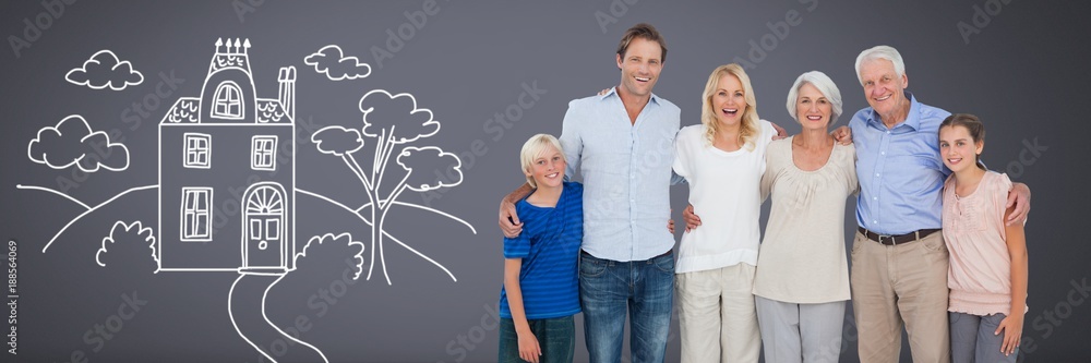 Family generations together with home drawing Family generations together with home drawing