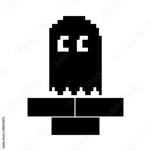 pixel ghost game play character arcade vector illustration black and white design