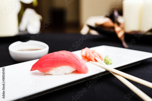 Red tuna sushi served on a plate