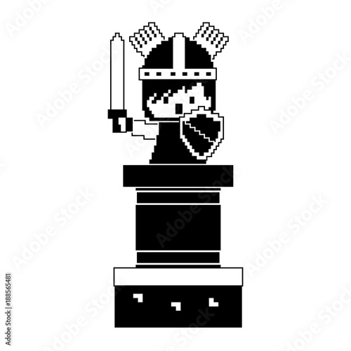 pixel character knight with sword and shield video game vector illustration black and white design