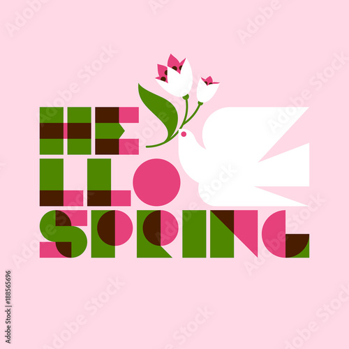 Hello spring lettering and white dove with flower on pink background