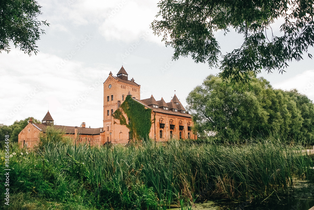 The old castle covered with climbing plants rises on the shore of the lake The old castle covered with climbing plants rises on the shore of the lake