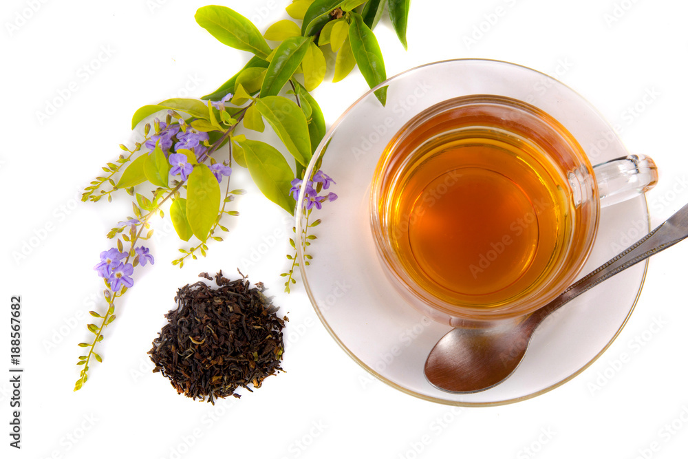 cup with tea and green leaf cup with tea and green leaf