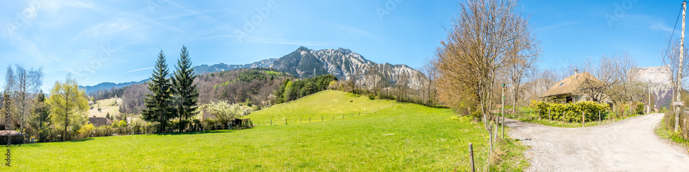 Panoramic view of natural scenic view of Chichilianne, countryside small town in France, with mountain in background Panoramic view of natural scenic view of Chichilianne, countryside small town in France, with mountain in background