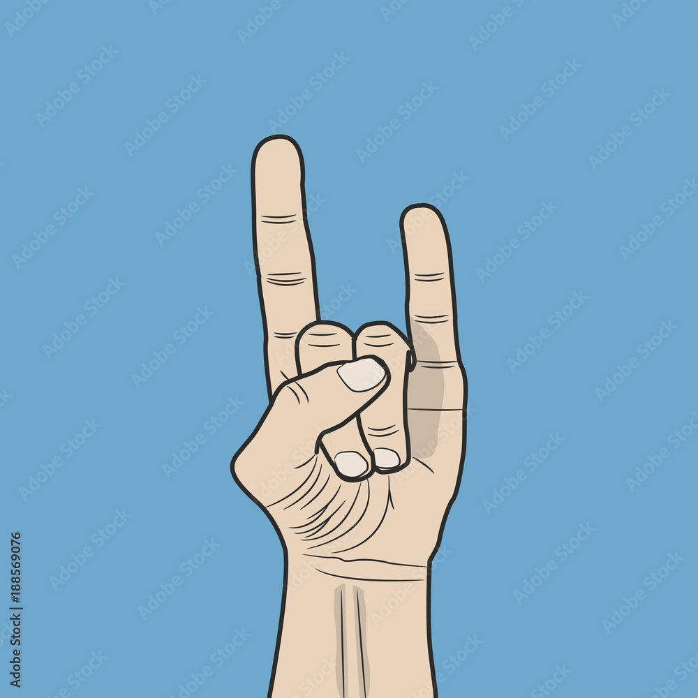 Hand in rock n roll sign. Isolated on blue background. Sketch style Hand in rock n roll sign. Isolated on blue background. Sketch style