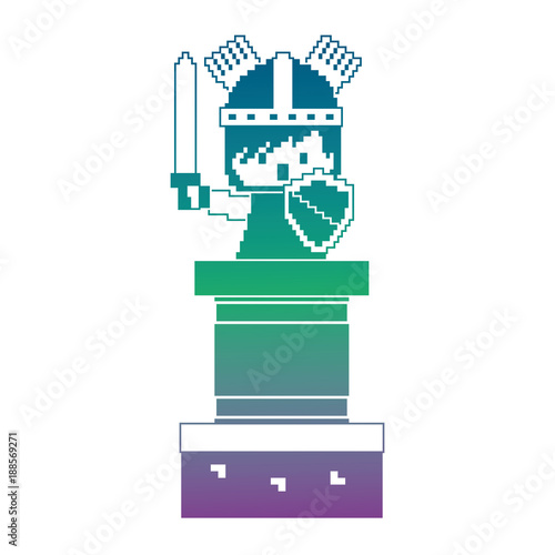 pixel character knight with sword and shield video game vector illustration blur background color gradient