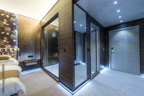 Modern shower cabin in bedroom, luxury interior