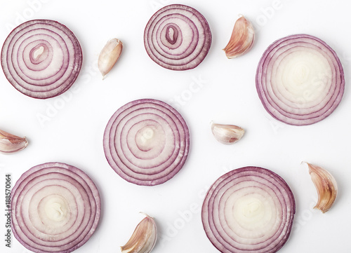 Garlic with red onion isolated on white background. Isolated garlic