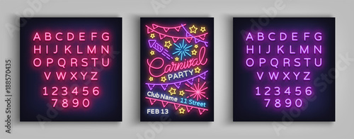Carnival party poster in neon style. Neon sign, design template, brochure, night light poster. Bright neon advertising for carnival, masquerade, party. Vector illustration. Editing text neon sign