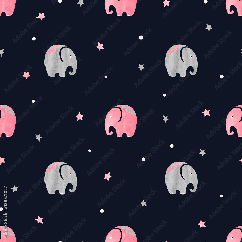Gardinen Elefant Elefant - Nahtloses Muster mit niedlichen Aquarellelefanten. Vektor einfacher Hintergrund für Kinder. #188571027