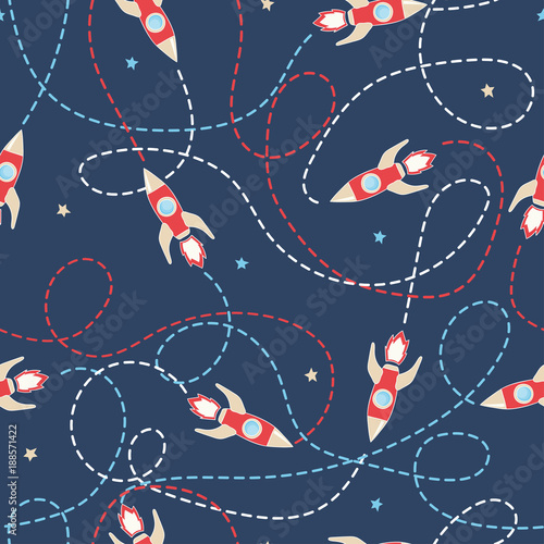 Seamless vector space pattern with rockets and traces.