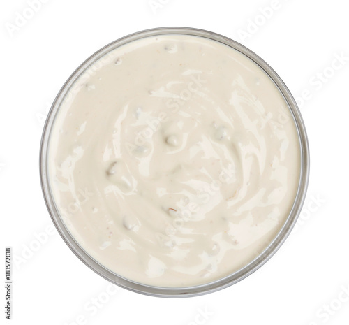 Mushroom sauce isolated on white background, top view