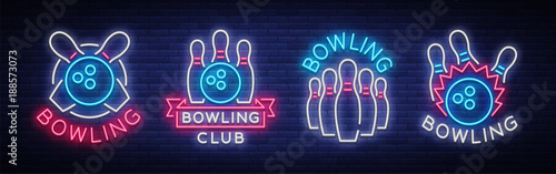 Bowling is collection of neon signs. Collection of Emblem Symbols, Neon Logo, Light Advertising Banner, Night Lighting Billboard, Design Pattern for the Bowling Club, Tournaments. Vector illustration