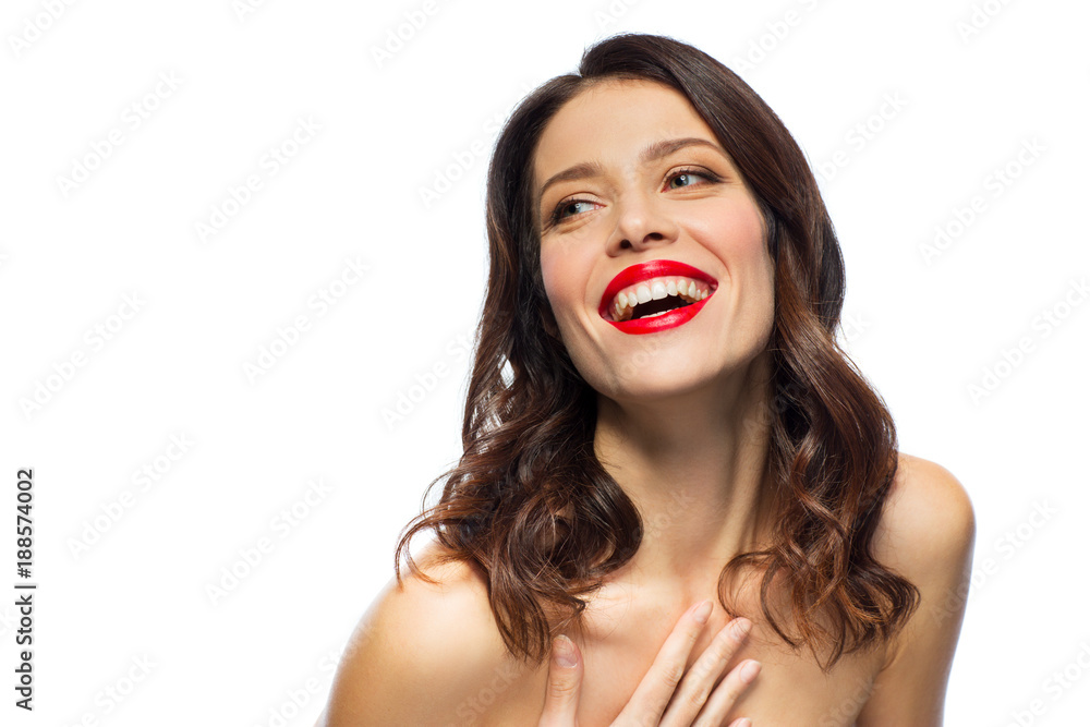 Naklejka premium beautiful laughing young woman with red lipstick