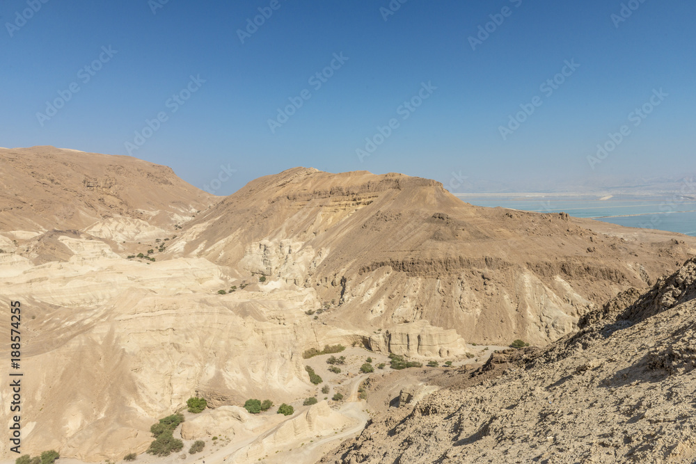 A view of the dead sea and mountains in the Negev desert. Israel
