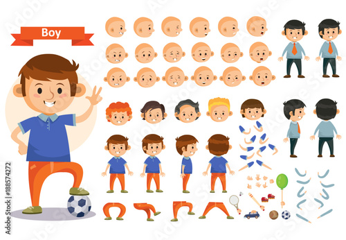 Boy kid playing football and toys vector cartoon child character constructor isolated icons body parts, hair or legs, arms and face emotions. Construction set for create young boy child playing sports photo