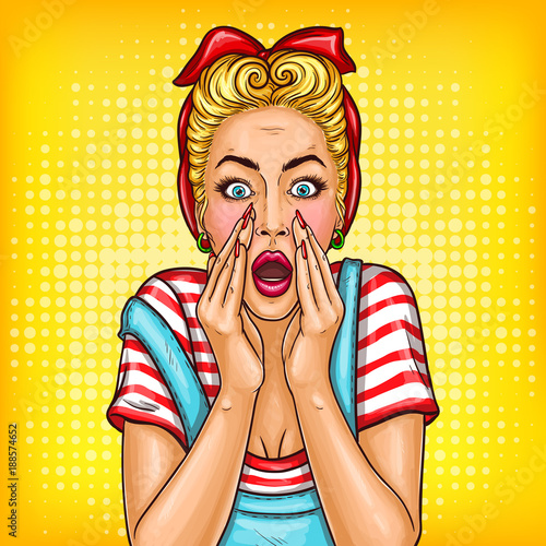 Vector pop art pin up shocked retro vintage style girl with opened mouth. Adult middle age blonde housewife woman touching face with amazed expression. Illustration for sale discount promo advertising