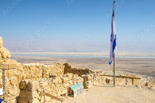 Ruins of the ancient fortress of Massada on the mountain near the dead sea in southern Israel

