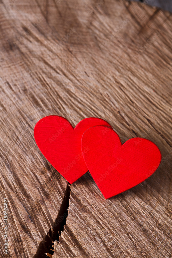Valentine day background, handmade hearts on wood, copy space Valentine day background, handmade hearts on wood, copy space