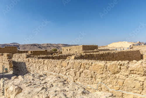 Ruins of the ancient fortress of Massada on the mountain near the dead sea in southern Israel