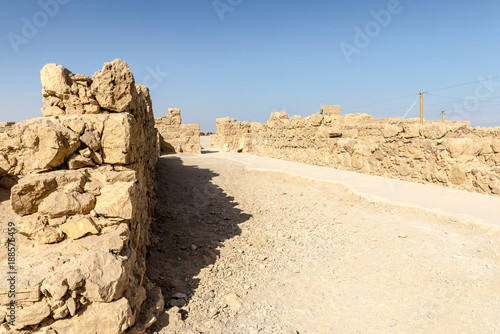 Ruins of the ancient fortress of Massada on the mountain near the dead sea in southern Israel