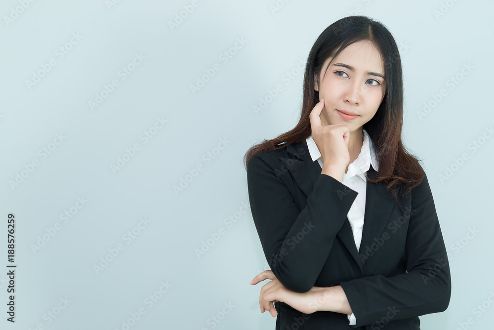 Business woman think for ideas isolate on white background,Thailand people,Secretary girl thinking concept Business woman think for ideas isolate on white background,Thailand people,Secretary girl thinking concept