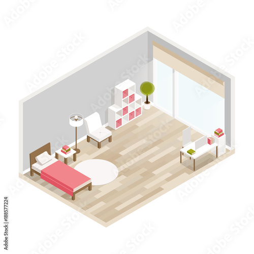 Bedroom isometric design with bed,workplace,bookcase,carpet.City hotel flat color illustration.Isometric living room.Isometric luxury interior for bedroom with bed bedside tables window and decoration