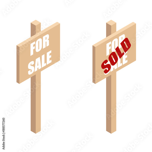 Wooden sign-Board ads for sale and sold.Board with the ad property for sale in isometric view. vector illustration isolated from background