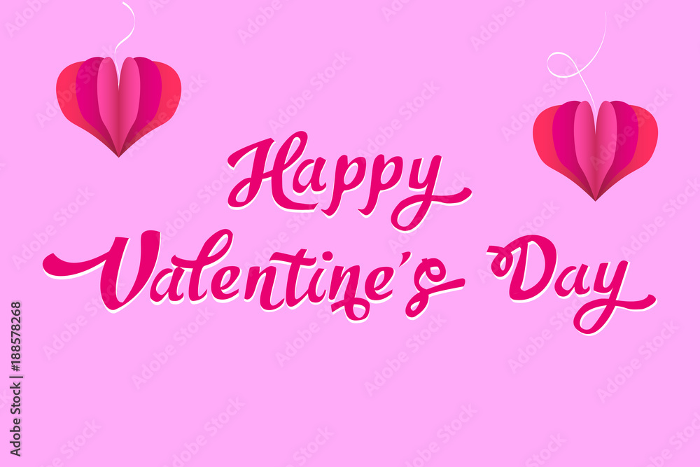Happy Valentine's Day in frame. Lettering on a pink background with paper hearts. Happy Valentine's Day in frame. Lettering on a pink background with paper hearts.