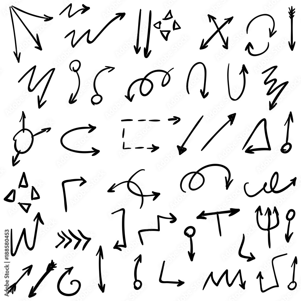 Arrow doodles vector. A set of simple sketches of arrows. Up, down, left, right ones. The effect of a pencil sketch isolated on white background.. Vector eps 10. Arrow doodles vector. A set of simple sketches of arrows. Up, down, left, right ones. The effect of a pencil sketch isolated on white background.. Vector eps 10.