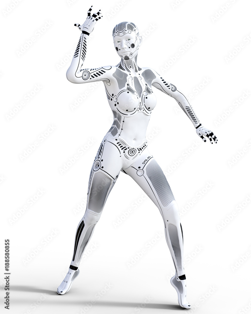 Robot woman. White metal droid. Artificial Intelligence. Conceptual fashion art. Realistic 3D render illustration. Studio, isolate, high key. Robot woman. White metal droid. Artificial Intelligence. Conceptual fashion art. Realistic 3D render illustration. Studio, isolate, high key.