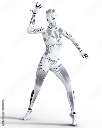 Robot woman. White metal droid. Artificial Intelligence. Conceptual fashion art. Realistic 3D render illustration. Studio, isolate, high key.