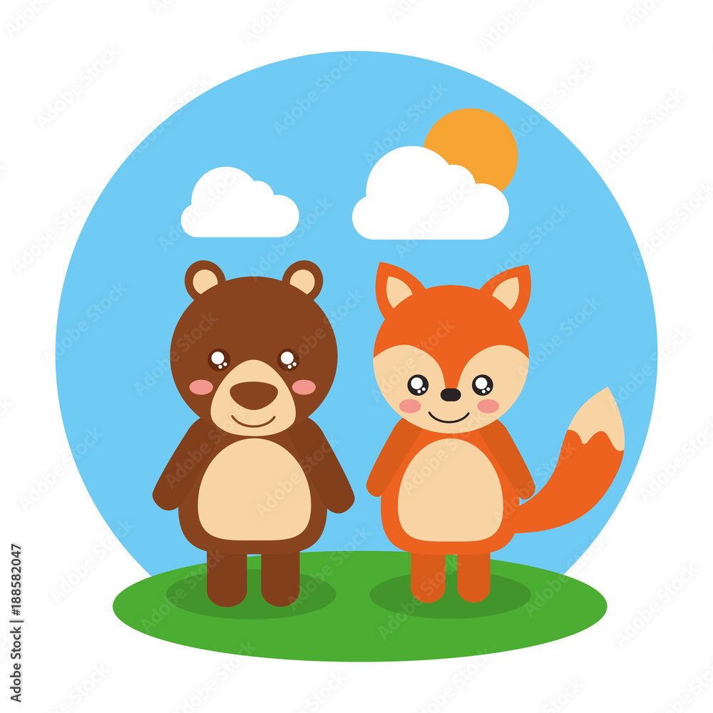 two cute animals bear and fox friendly landscape vector illustration