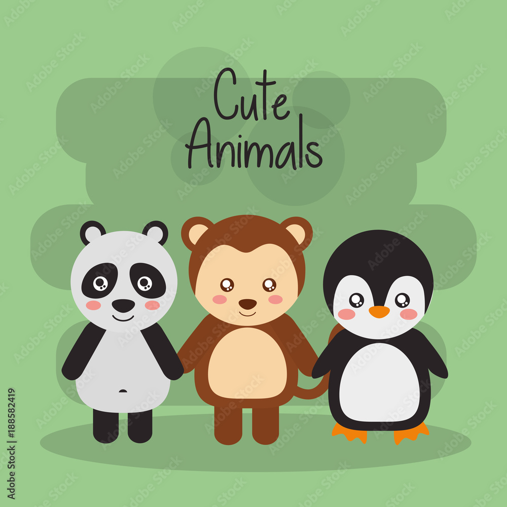 Obraz premium set cute animals panda monkey and penguin wildlife fauna