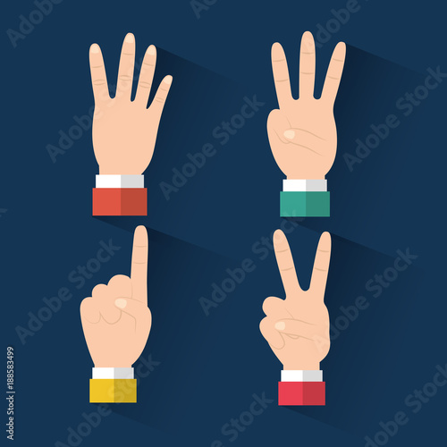 set of hands differents gestures count on fingers blue background ector ilustration