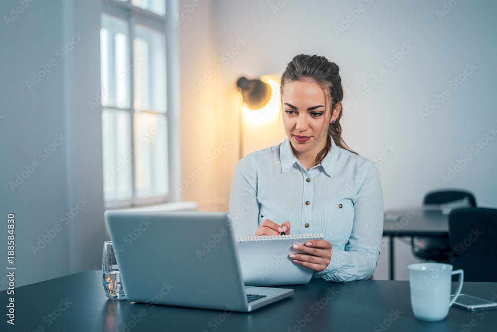 Young blonde woman writing notes from laptop. Young blonde woman writing notes from laptop.