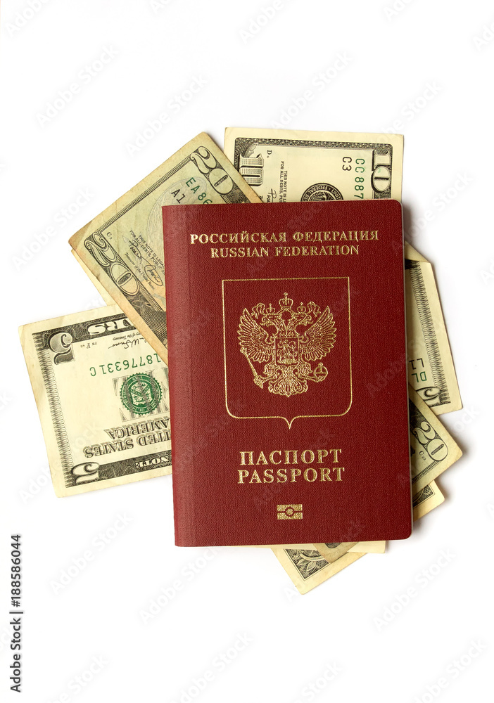 Russian Passport And Dollars USA Isolated On White Background