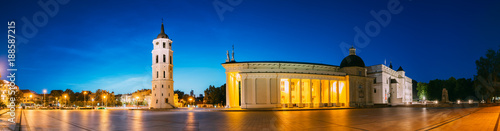Vilnius, Lithuania, Eastern Europe. Evening Night Panorama Of Bell Tower