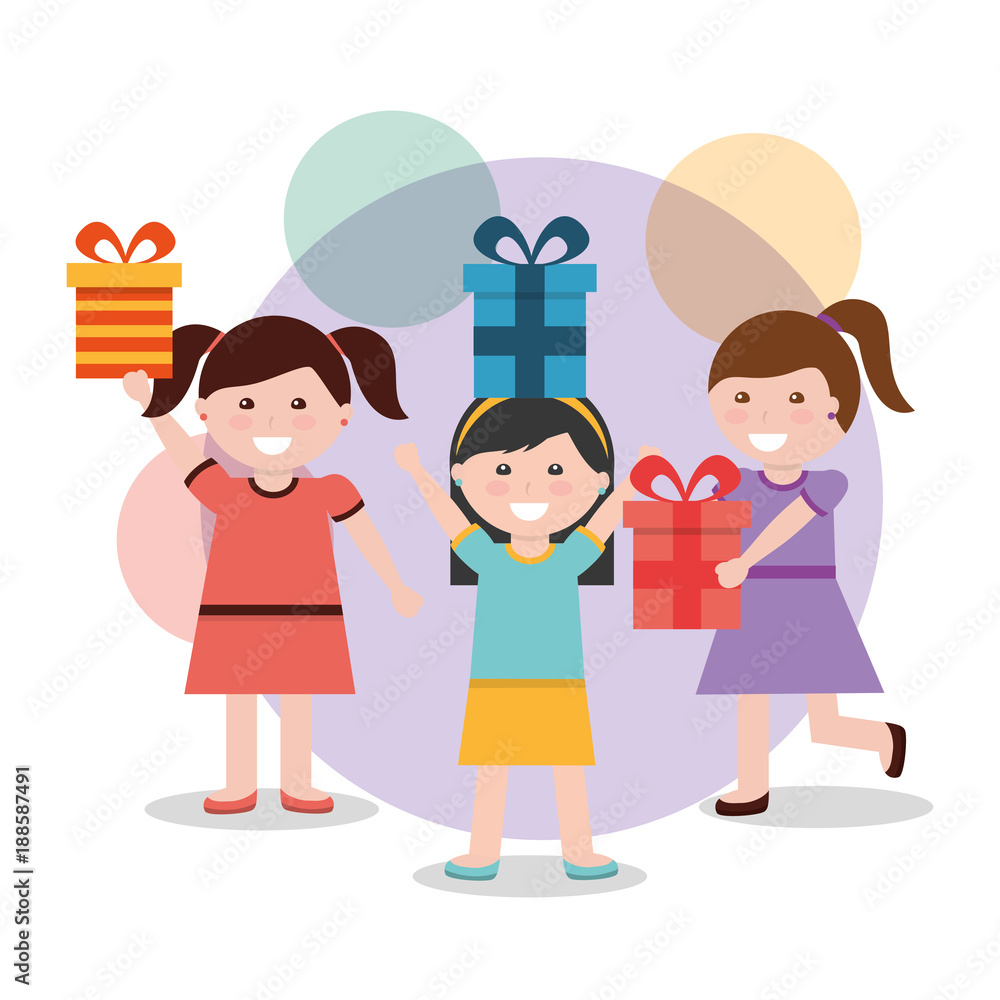 group of happy girls with presents box vector illustration group of happy girls with presents box vector illustration