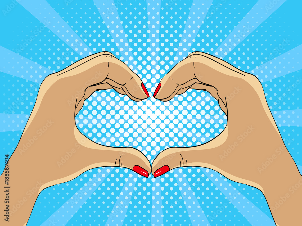 Hands making hart form - vector illustration in pop art style