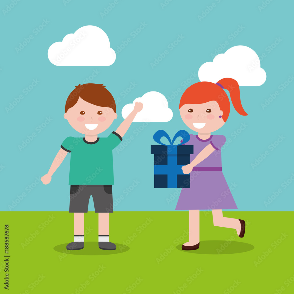 happy boy and girl with gift vector illustration happy boy and girl with gift vector illustration