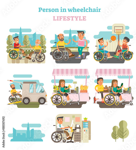 Wheelchair person lifestyle vector illustration collection.