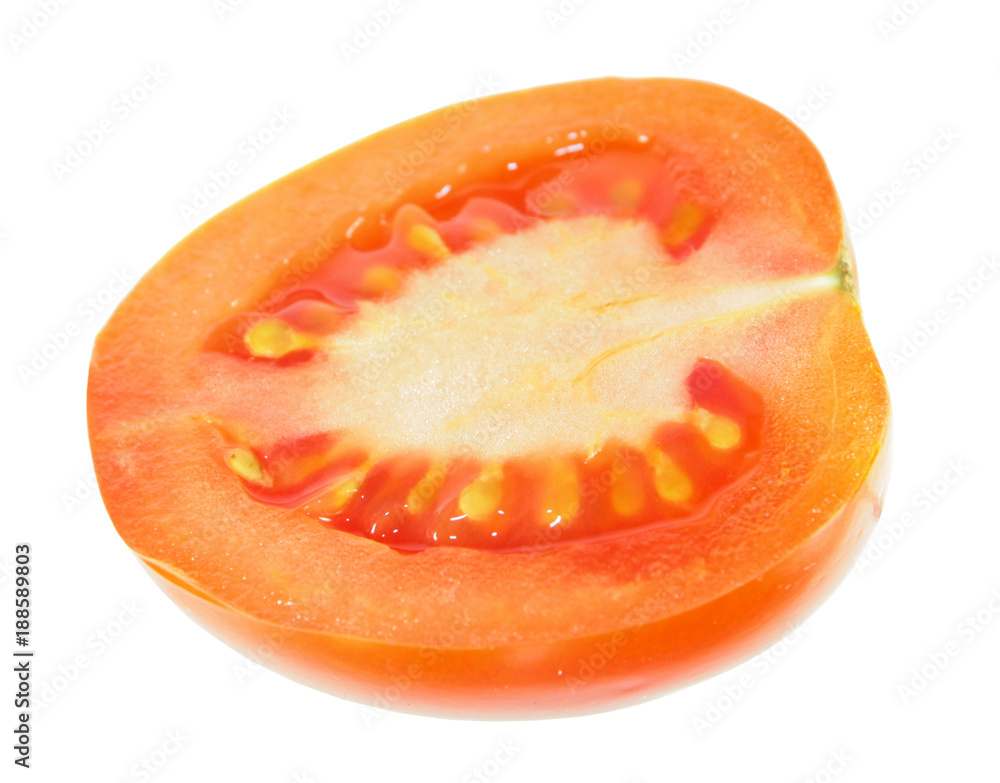 Red tomato cut in half inside longitudinal section isolated on white background Red tomato cut in half inside longitudinal section isolated on white background