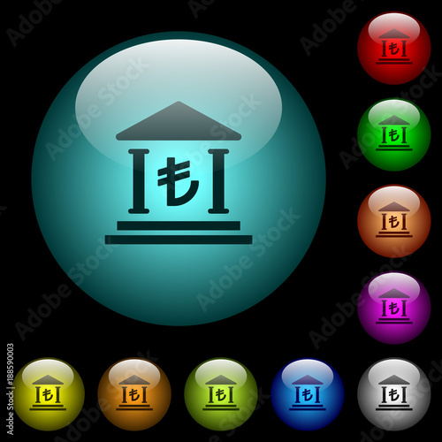Turkish Lira bank office icons in color illuminated glass buttons