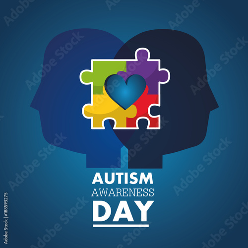 autism awareness day profile heads with puzzle color vector illustration