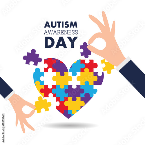 autism awareness day support hands puzzles pieces heart vector illustration