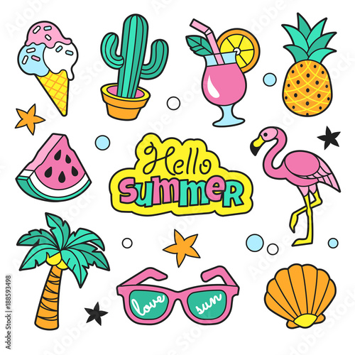 Summer patches collection. Vector illustration of funny summer symbols and icons, such as cactus, flamingo, ice cream, palm, pineapple and sunglasses. Isolated on white.