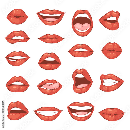 Lip kiss vector cartoon smile and beautiful red lips or fashion lipstick and sexy mouth kissing lovely on valentines day set illustration isolated on white background
